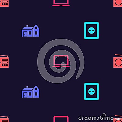 Set Electrical outlet, House, Laptop and Radio on seamless pattern. Vector Vector Illustration