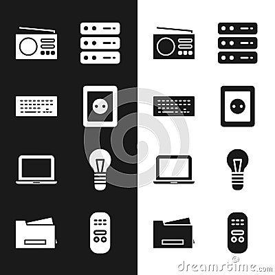 Set Electrical outlet, Keyboard, Radio, Server, Data, Web Hosting, Laptop, Light bulb, Remote control and Printer icon Vector Illustration