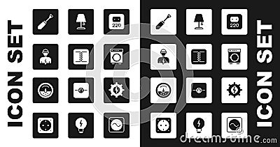 Set Electrical outlet, transformer, Electrician, Screwdriver, Washer, Table lamp, Gear and lightning and meter icon Stock Photo