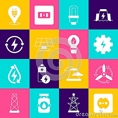 Set Electrical outlet, Wind turbine, Gear and lightning, LED bulb, Solar energy panel, Recharging, plug and Light with Stock Photo