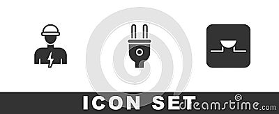 Set Electrician, plug and Buzzer in electronic circuit icon. Vector Stock Photo