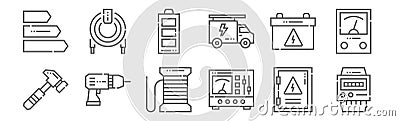 set of 12 electrician tools and icons. outline thin line icons such as electric meter, transformer, drill, accumulator, battery, Vector Illustration