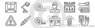 set of 12 electrician tools and icons. outline thin line icons such as multimeter, tool box, soldering iron, fuse box, tape, table Vector Illustration