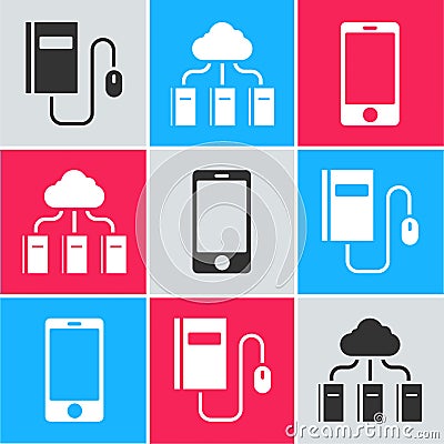 Set Electronic book with mouse, Cloud or online library and Mobile phone icon. Vector Vector Illustration