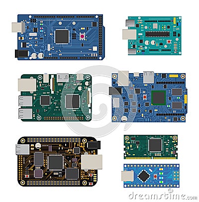 Set of electronic circuit boards with a microcontroller, LEDs, connectors, and other electronic components. Vector Illustration