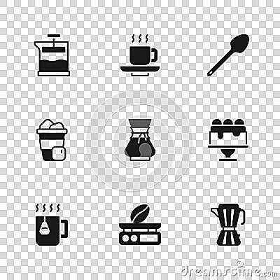Set Electronic coffee scales, Cake, Coffee maker moca pot, Pour over, Teaspoon, French press, cup and Iced icon. Vector Vector Illustration