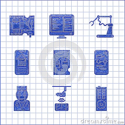 Set Electronic computer components motherboard digital chip, Remote control, Algorithm, Robot doctor, Smart home Vector Illustration