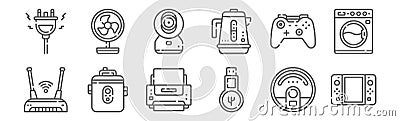 set of 12 electronic devices icons. outline thin line icons such as game console, flash disk, rice cooker, game controller, webcam Vector Illustration