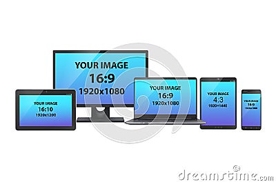 A set of electronic devices: PC monitor, tablets, laptop and smartphone with various screen size and aspect ratio, on white Vector Illustration