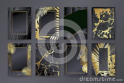 Set of elegant brochure, card, background, cover. Black and golden marble texture. Palm, exotic leaves. Vector Illustration