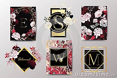 Set of elegant brochure, card, background, cover, wedding invitation. Black, red and golden marble texture. Vector Illustration