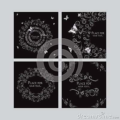 Set of elegant cards with floral design elements and butterflies Vector Illustration