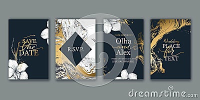 Set of elegant, chic brochure, card, cover. Black, white and gold marble texture. Hand drawn lilies, plants. Vector Illustration