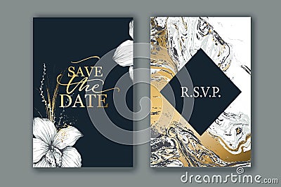 Set of elegant, chic brochure, card, cover. Black, white and gold marble texture. Hand drawn lilies, plants. Vector Illustration