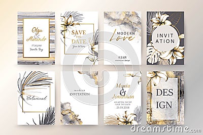 Set of elegant chic brochure, covers, cards with exotic palm leaves, lilies, grey and gold watercolor texture. Vector Illustration