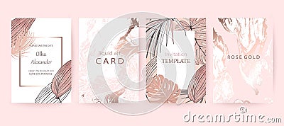 Set of elegant chic brochure, covers, cards with exotic palm leaves, rose gold texture. Wedding, save the date design. Vector Illustration