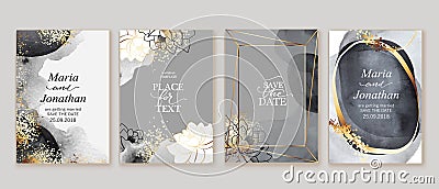 Set of elegant, chic cards with grey watercolor textures, abstract forms, golden line frames, splatters. Vector Illustration