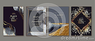 Set of elegant, chic cards with grey watercolor textures, abstract forms, golden line frames, splatters. Vector Illustration