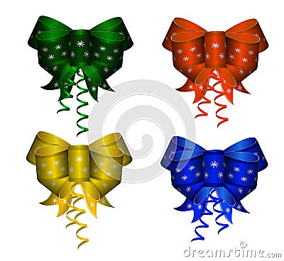 Set of elegant colorful realistic silk bows of different colors with pattern of snowflake. isolated. Vector Illustration