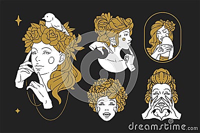 Set elegant fashion romantic woman portrait with flower head bird or performing heart shape love Vector Illustration