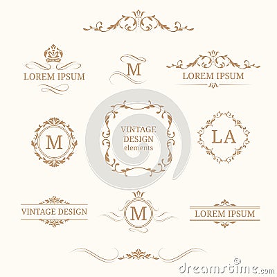 Set of elegant floral monograms and borders Vector Illustration