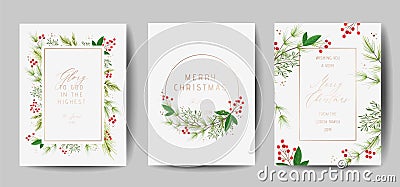 Set of Elegant Merry Christmas and New Year 2020 Cards with Pine Wreath, Mistletoe, Winter plants design illustration Vector Illustration