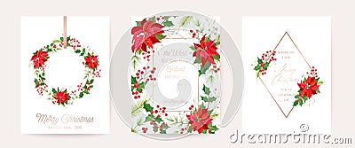 Set of Elegant Merry Christmas, Vector New Year 2021 Cards with Poinsettia Flower, Holly Berry, Mistletoe Vector Illustration