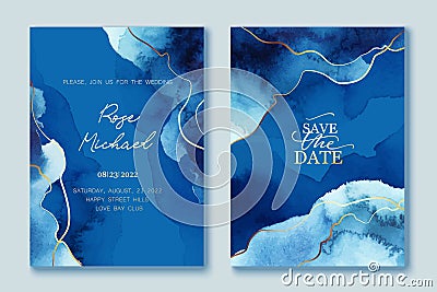 Set of elegant, romantic wedding cards, covers, invitations with shades of blue. Golden lines, splatters. Vector Illustration