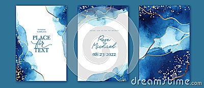 Set of elegant, romantic wedding cards, covers, invitations with shades of blue. Golden lines, splatters. Vector Illustration