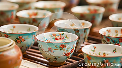 A set of elegant tea cups each one being expertly molded and painted with intricate flowers and designs. Stock Photo