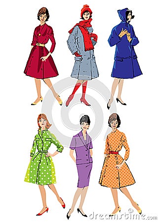 Set of elegant women - retro style fashion models Vector Illustration