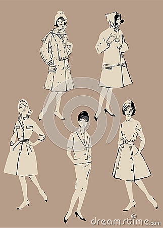 Set of elegant women - retro style fashion models Vector Illustration