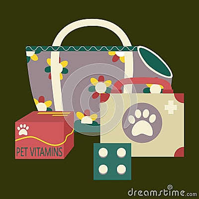 Set of elements for animals, cats, dogs, bag, carrier, medicine, first aid kit, vitamins Vector Illustration