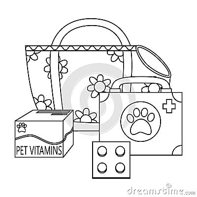 Set of elements for animals, cats, dogs, bag, carrier, medicine, first aid kit, vitamins Vector Illustration