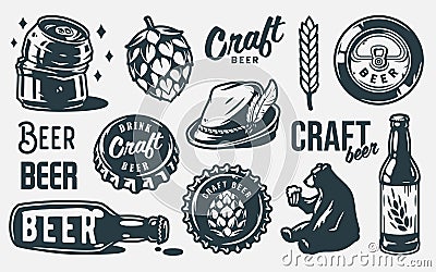 Set of beer emblem. Hop, barley, can and bottle Vector Illustration