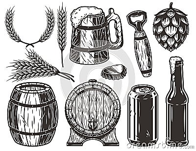 Bar tools barrel, spikelet, beer mug, can and hop Vector Illustration