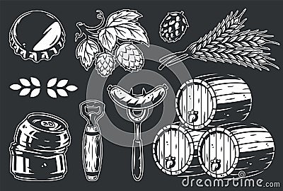 Bar barrel, spikelet, hop, sausage, fork, opener Vector Illustration