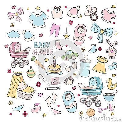 Set of elements for celebrating baby birth, girl and boy on white background Stock Photo