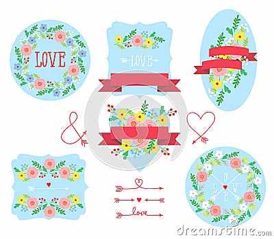 Set of elements for design - arrows, hearts, love, circlet of flowers Vector Illustration