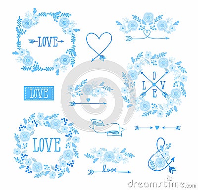 Set of elements for design - arrows, hearts, love, circlet of flowers. monochrome. Vector Illustration