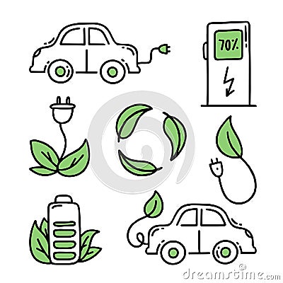 Set elements Electric car. Electric refueling. Co2 climate change concept green energy. Vector isolated doodle Vector Illustration