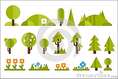 Set of elements for forest landscape: green trees, bushes, fir-trees, blooming flowers on grass. Nature theme. Flat Vector Illustration