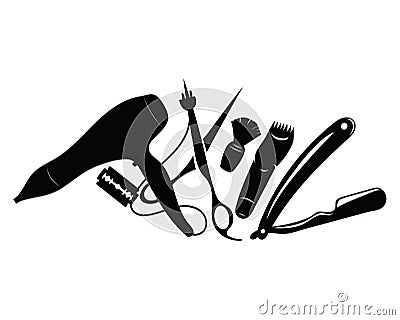 Set of elements for a hairdresser. A collection of tools for a hairstyle. Black and white vector illustration. Vector Illustration