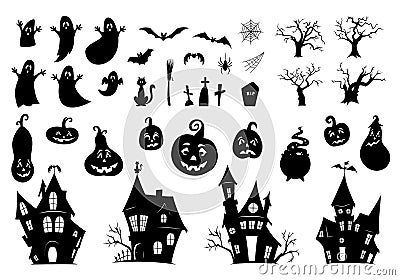 Set of elements for Halloween on a white background. Collection of black silhouettes. Ghosts, haunted houses, withered trees, Vector Illustration