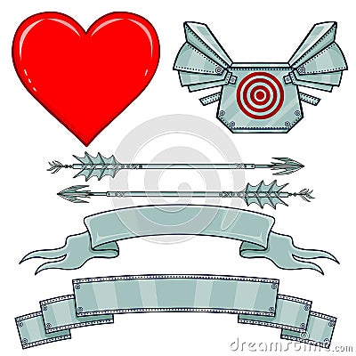 Set of elements: heart, armor, metal arrows, a tape. Vector Illustration