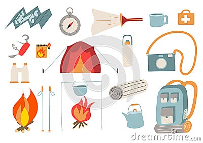 Set of elements for hiking tourism Cartoon Illustration