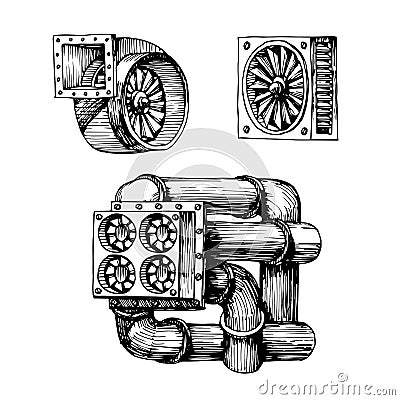 A set of elements of an industrial ventilation system with pipes. Air fan. Black ink pen. Vector Illustration