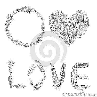 A set of elements made of bird feathers. Feather wreath. Love inscription. Heart of feathers. Black and white. Isolated. Vector il Stock Photo
