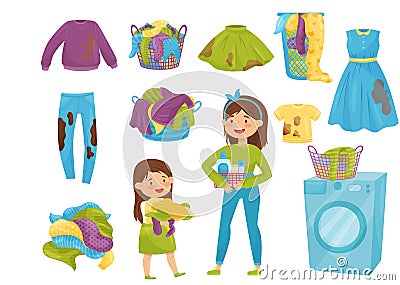 Flat vector set of laundry icons. Baskets with dirty clothes. Washing machine. Cartoon girls doing household chores Vector Illustration