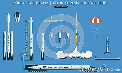 Set of elements for space subject. modern space program. rocket, launch vehicle, satellite, launch pad, payload. Flight Vector Illustration